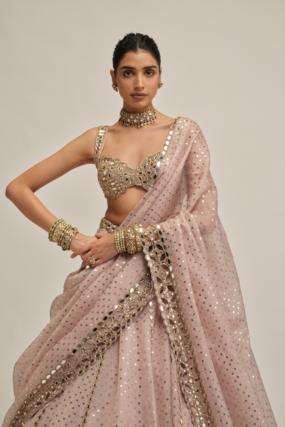 Ash Pink Linear Mirror Sequins Embroidered Lehenga Set