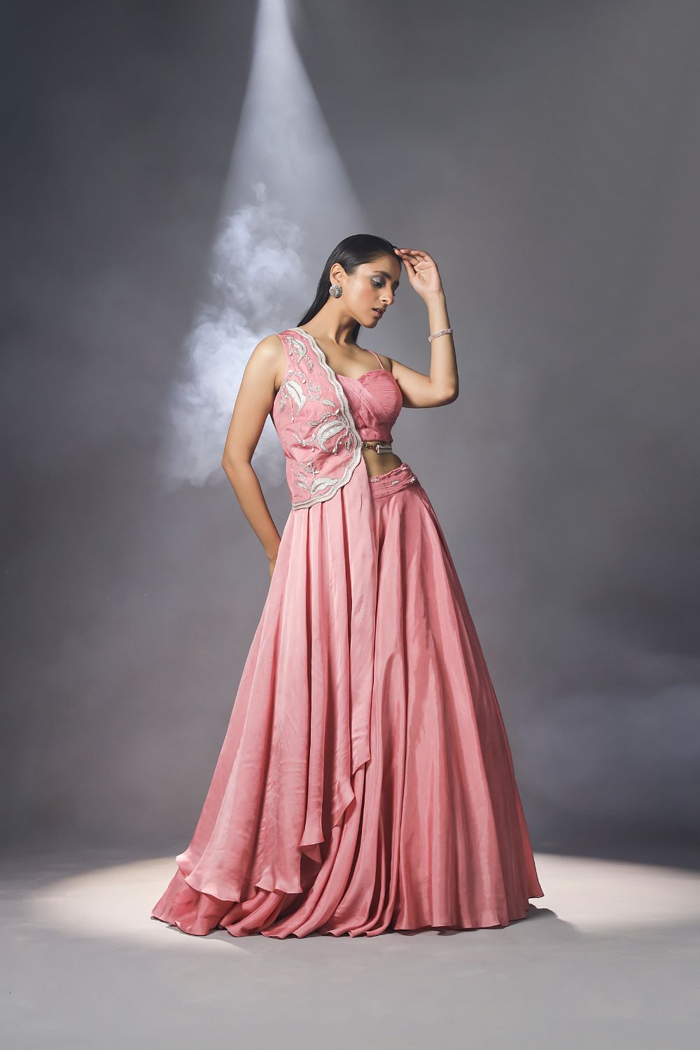 Cashmere rose pink skirt set with jacket dupatta