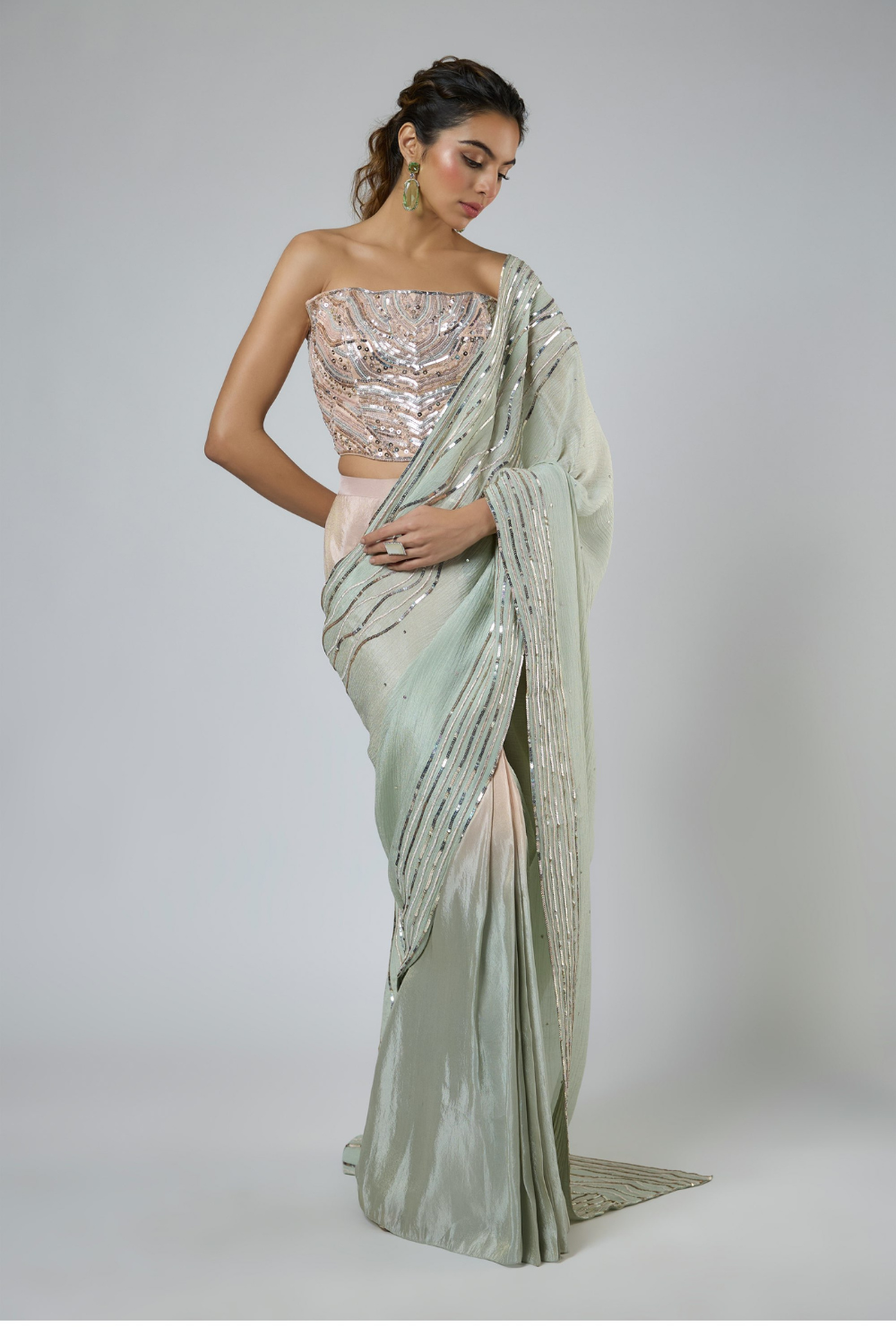 LIGHT MINT AND PINK OMBRE INTRICATE EMBROIDERED SAREE WITH CORSET BLOUSE