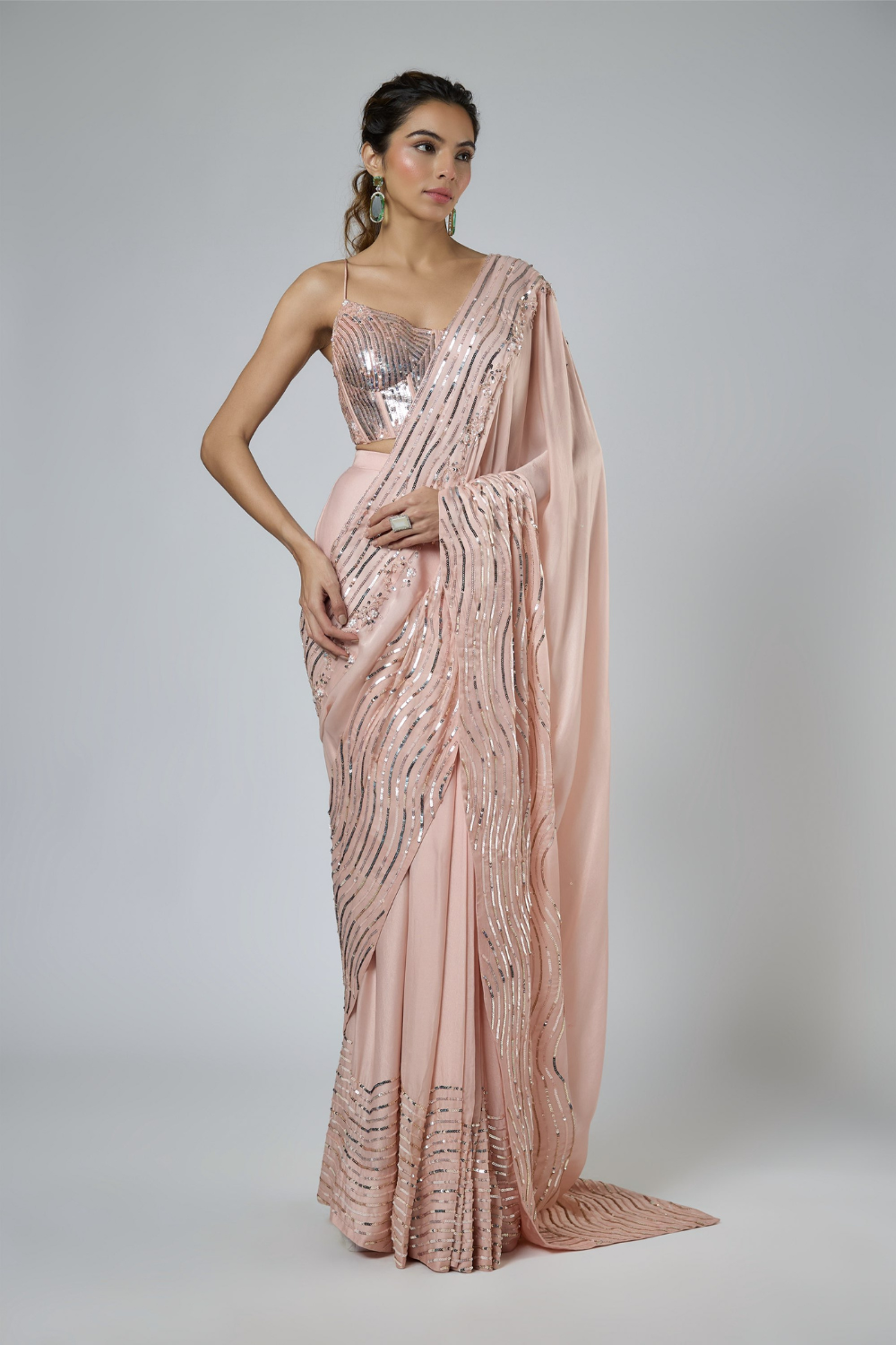 DARK PEACH INTRICATE EMBROIDERED SAREE SET