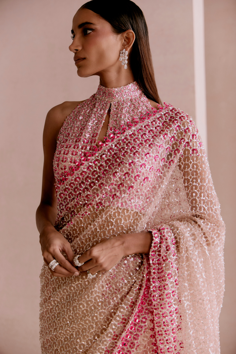 Nude and Pink Sequin Saree