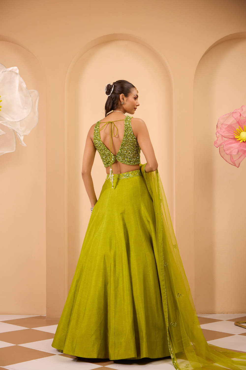 Hand Embroidered V Neckline Blouse with Lehenga & Dupatta