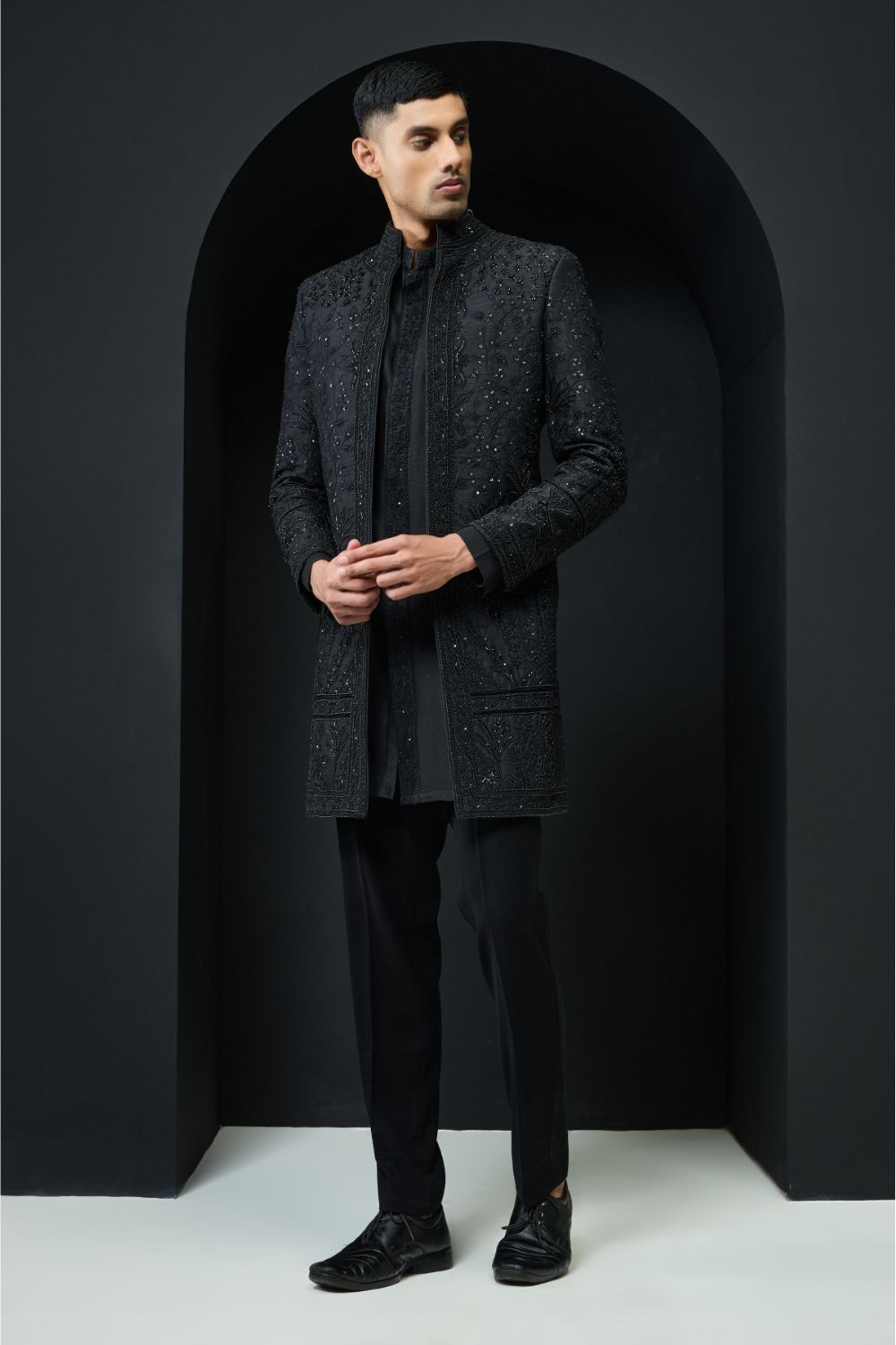 Black open indo Western highlighting with pearls, sequins and thread work