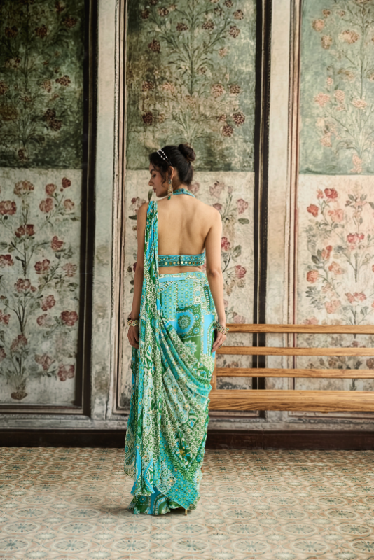 AQUA EMBROIDERED BLOUSE AND AQUA PRINT AND HIGHLIGHTED DRAPE BOX PLEAT PANT SAREE