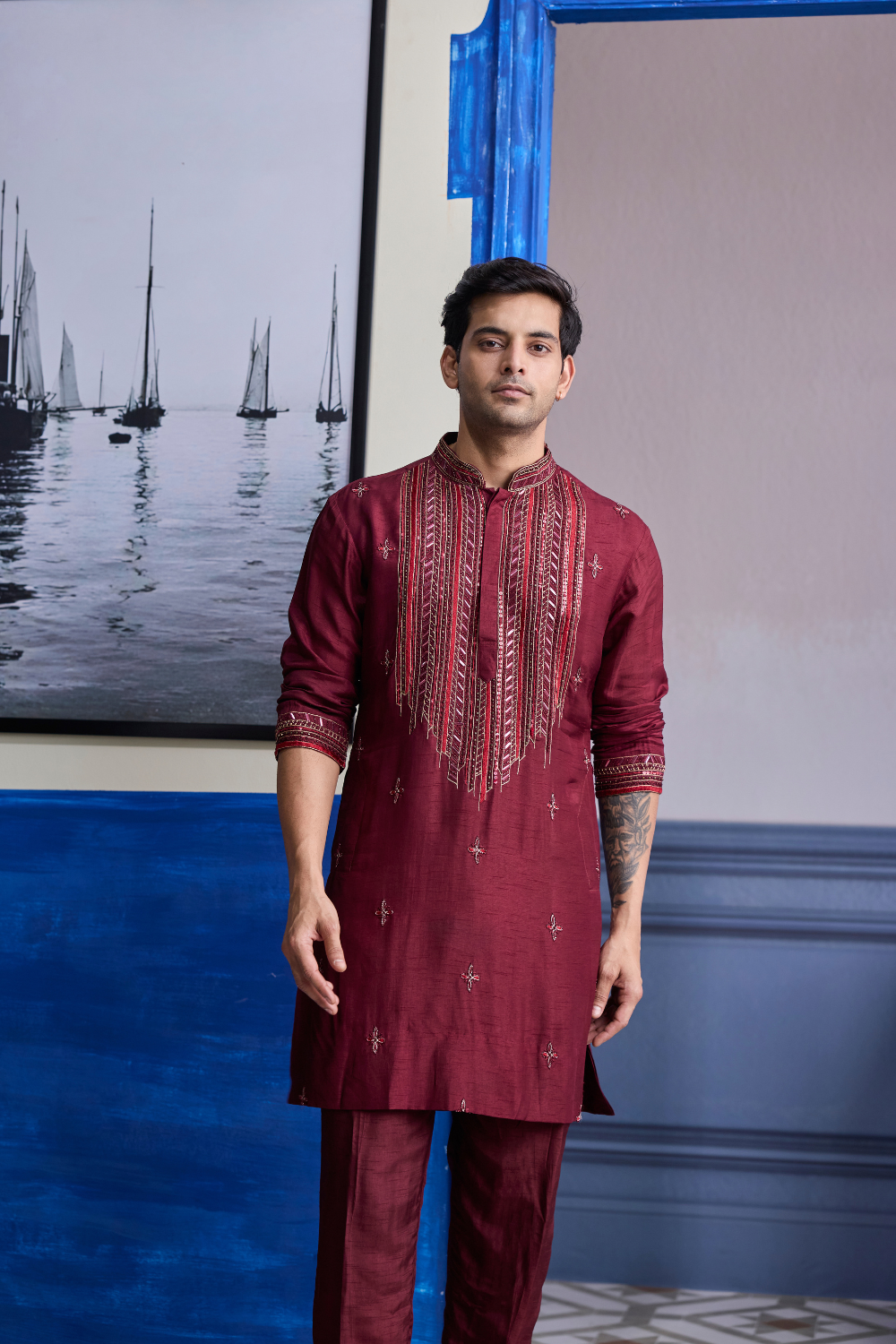 Maroon Embroidered Kurta with Pants