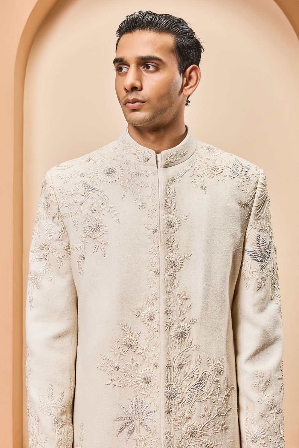 Ivory sherwani with pearl,sequins and resham thread work