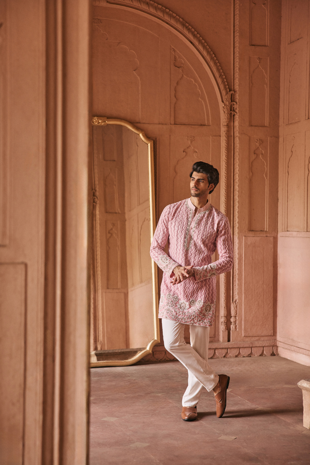 Pink, dori embroidery, raw silk, kurta ensemble