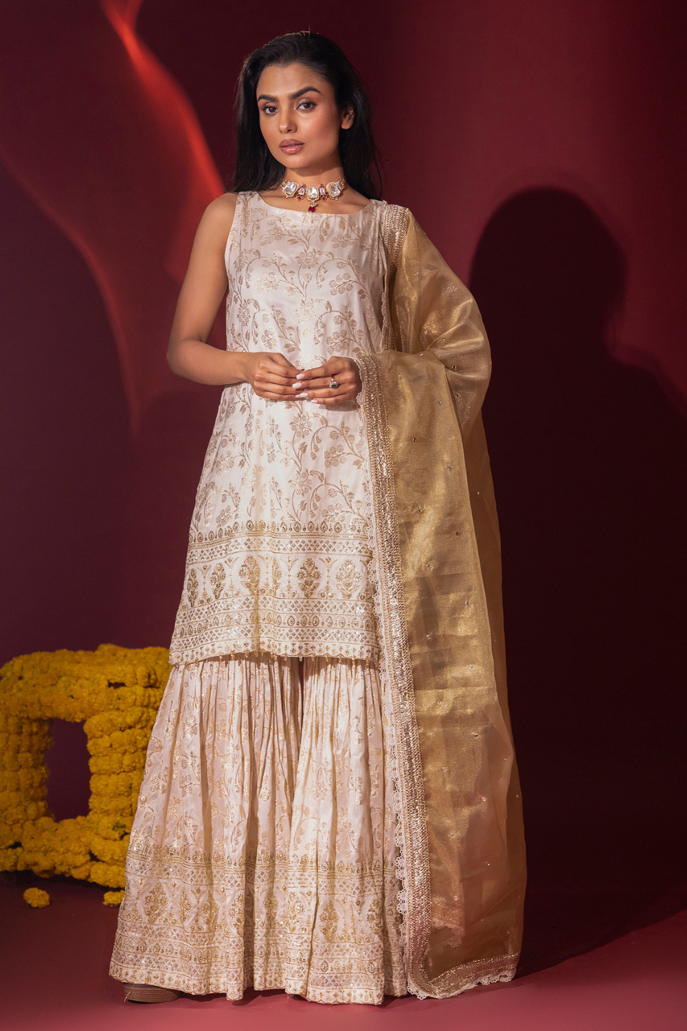 Ivory Brocade Kurta and Gharara with dupatta