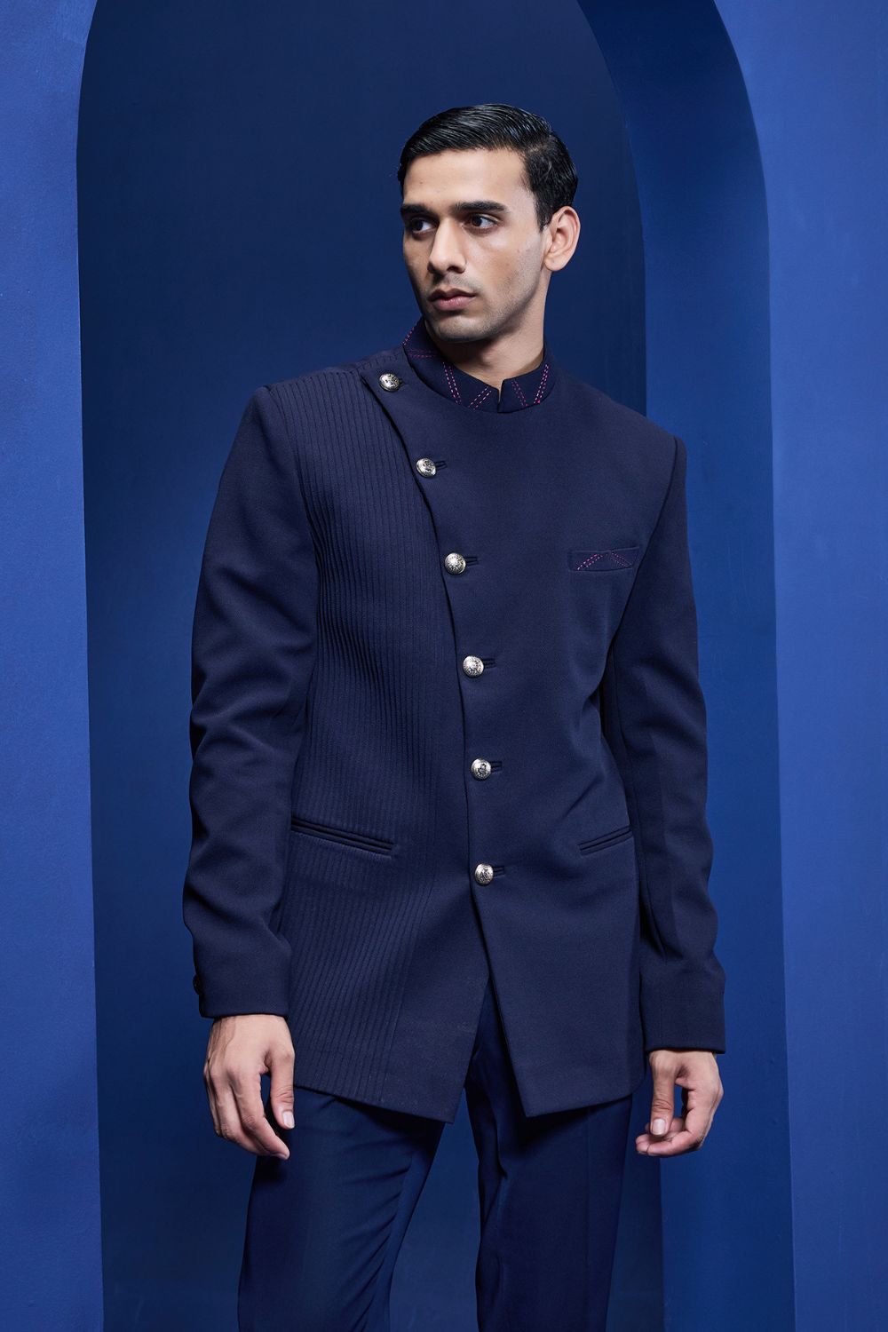 Navy Blue bandhgala detailing with golden button with side pintuck
