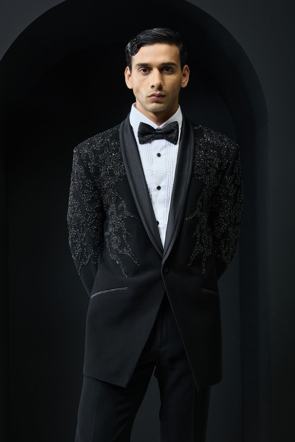 Black tuxedo highlighted with sequins, pearls,cutdana
