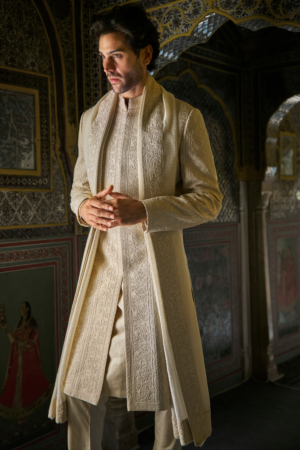 Champagne Thread Work Sherwani Set
