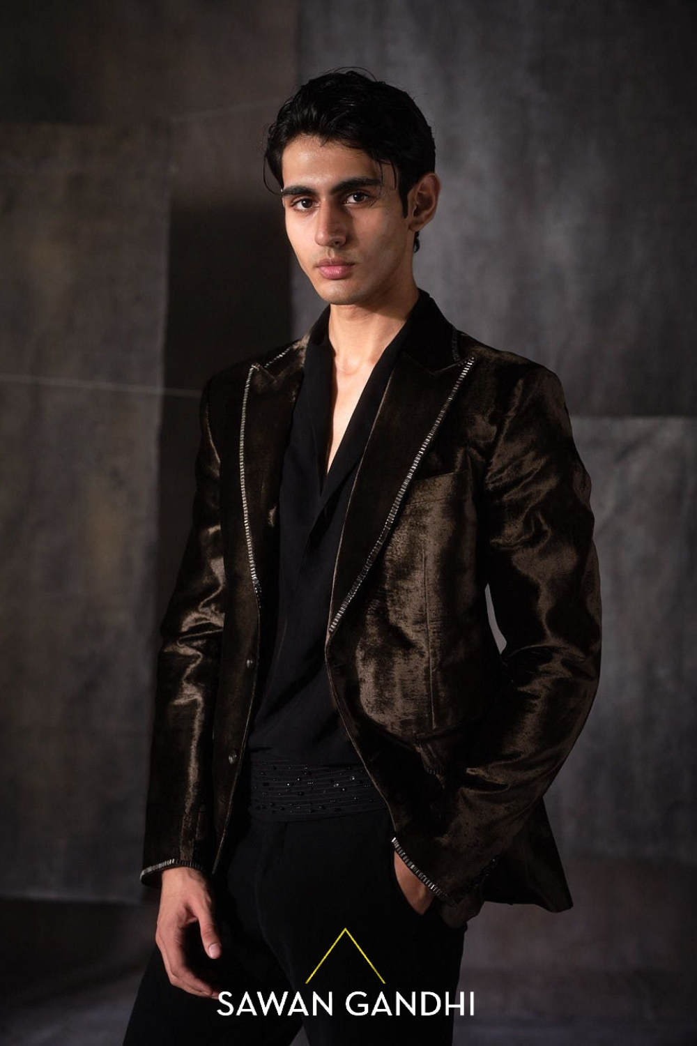 Brown velvet mirror work jacket