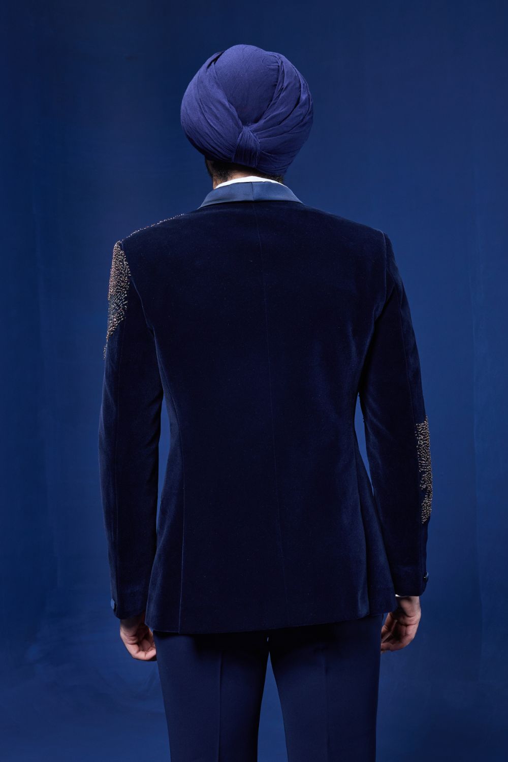Navy Blue tuxedo highlighted with pearls, sequins, cutdana and thread work