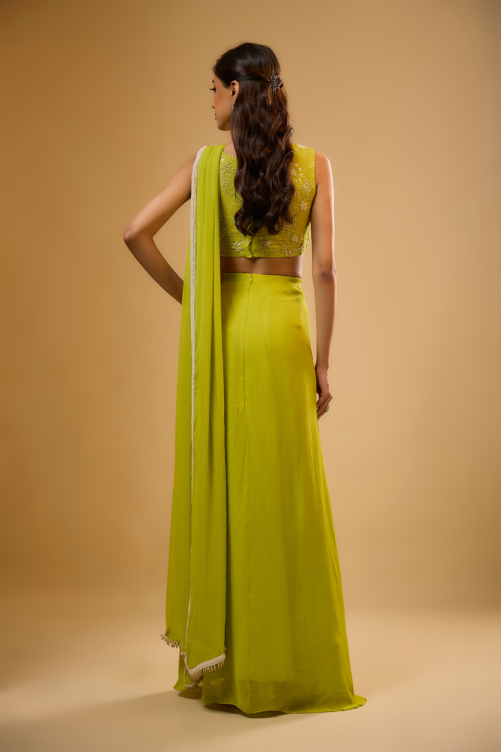 Citrus green pre-stitched georgette saree set embroidered with sequins, glass beads & threadwork