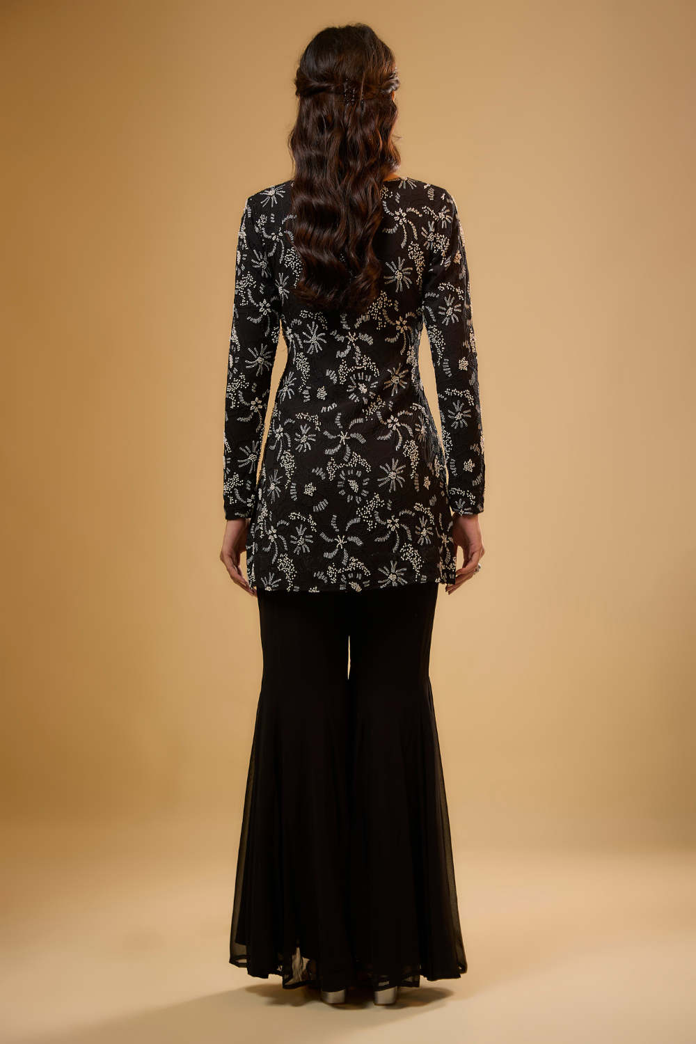 Black georgette kurta sharara set embroidered with sequins, glass beads & threadwork