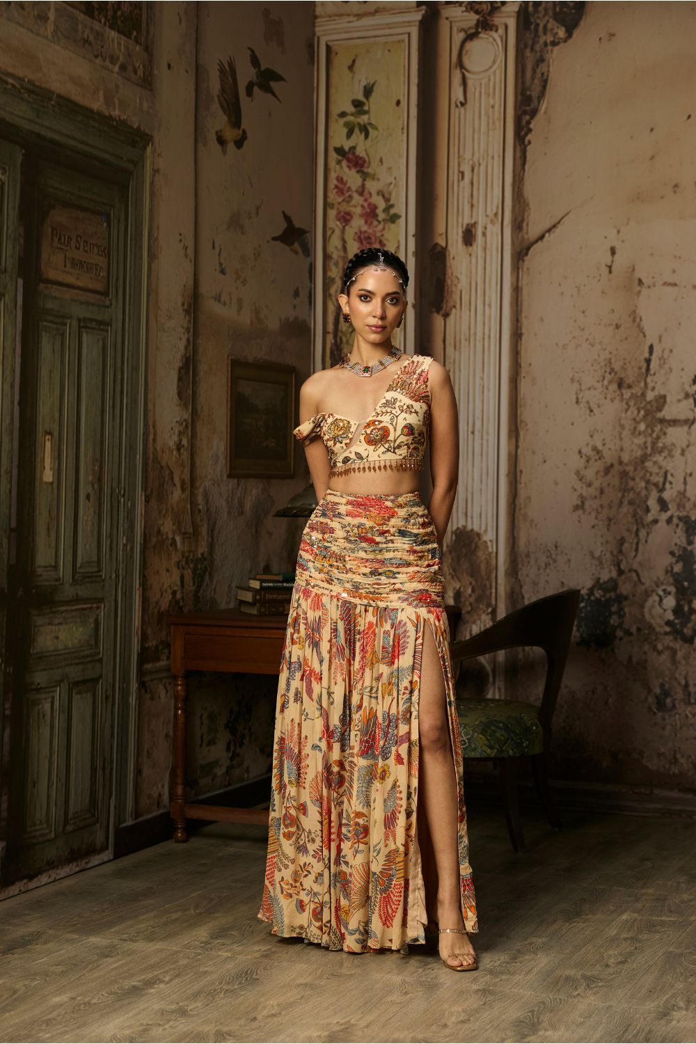 BEIGE PRINTED AND HIGHLIGTED BLOUSE WITH SKIRT SET