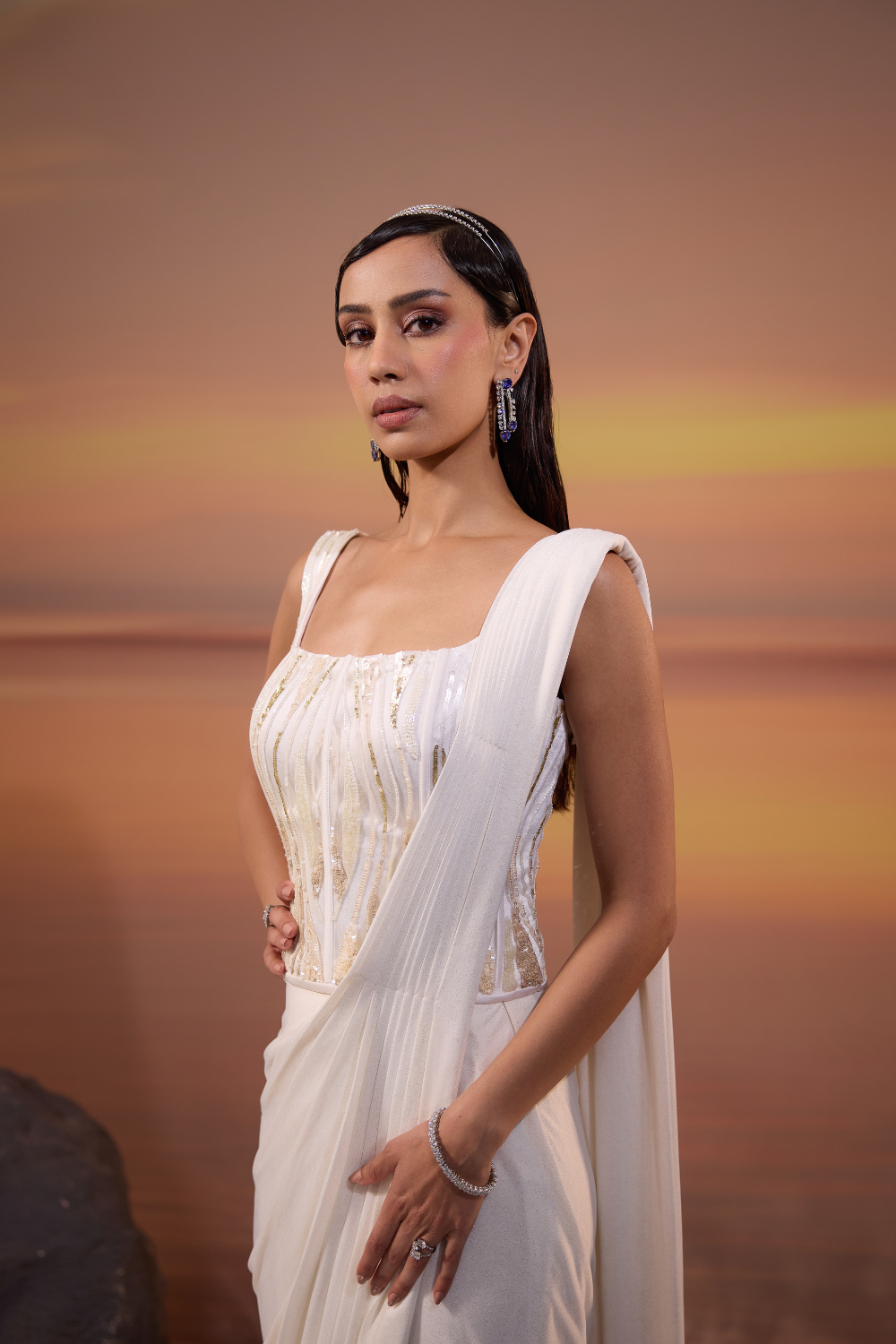 Ivory White Embroidered Drape Saree Set