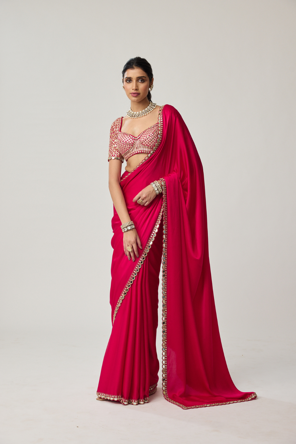 Crimson Red Gota Mirror Satin Saree Set