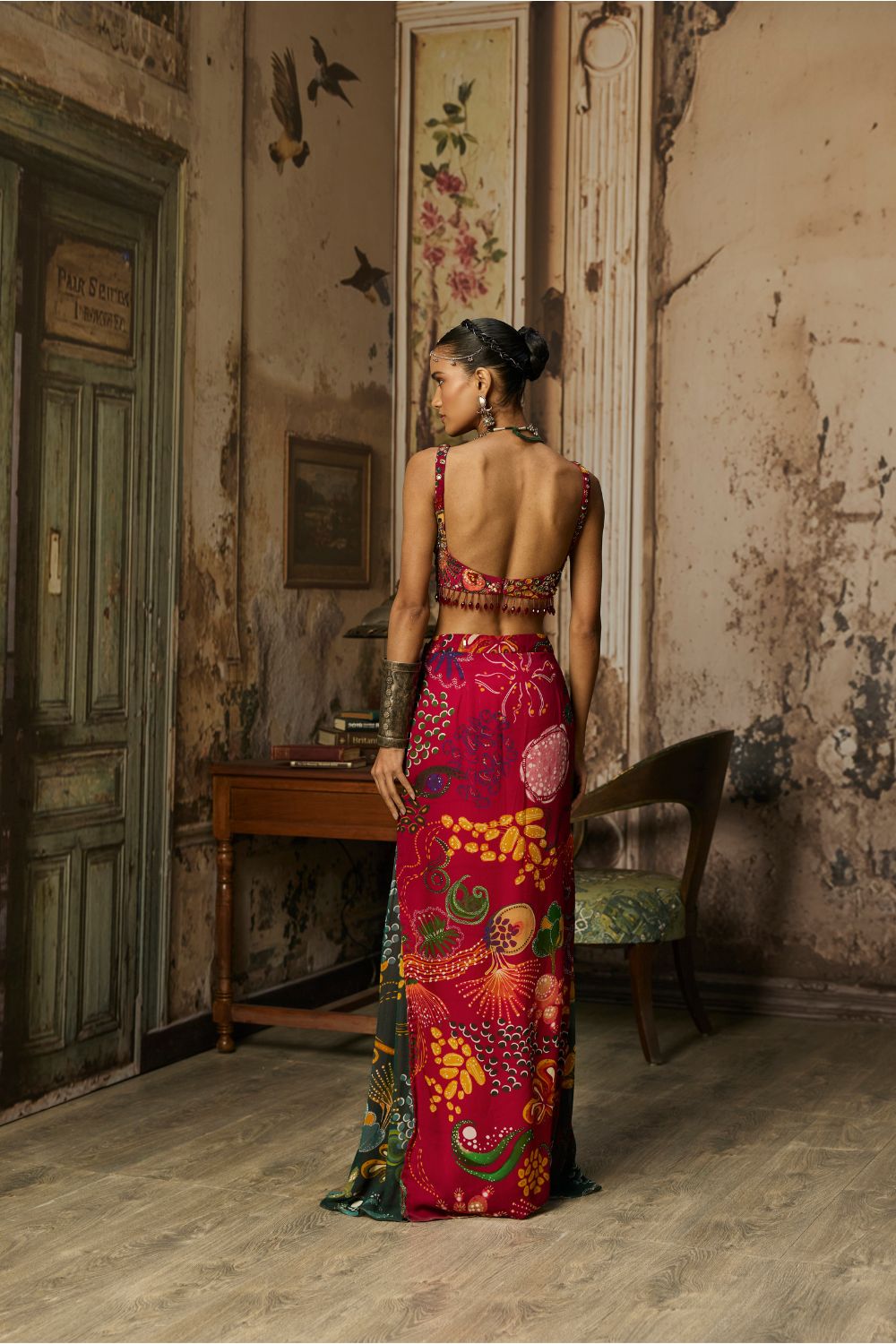 DEEP RED PRINTED AND HIGHLIGHTED SKIRT SET