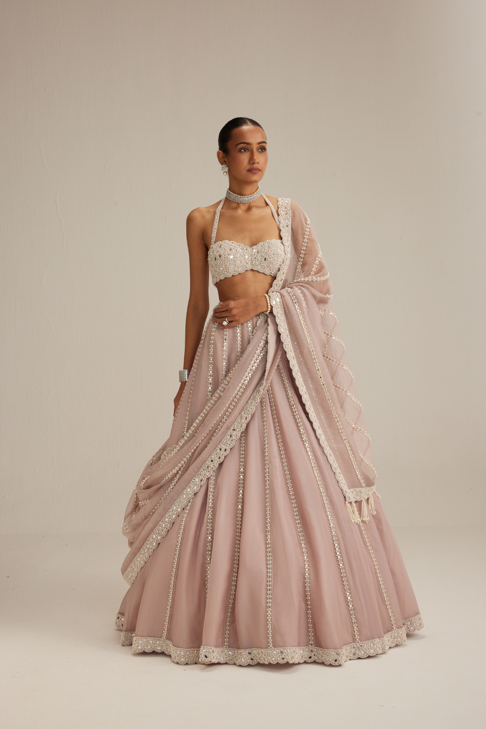 Ash Pink linear embroidered Organza Lehenga Set