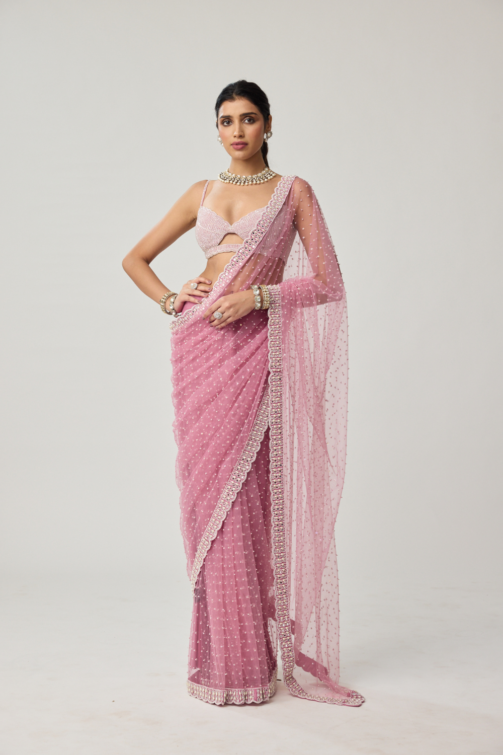 Onion Pink Pearl Scattered Net saree set