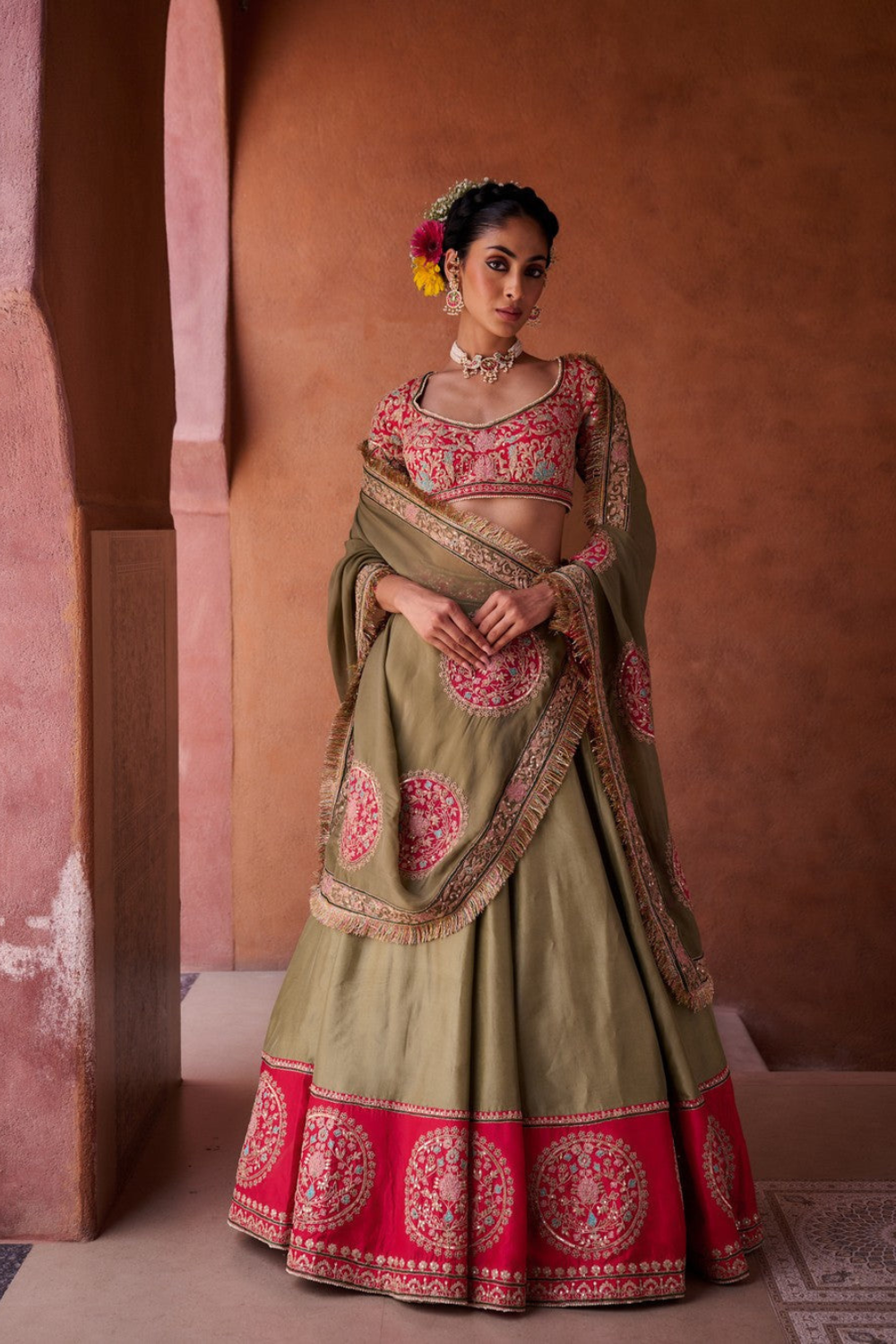 Sage green and Fuchsia upada silk blouse, lehenga and organza dupatta