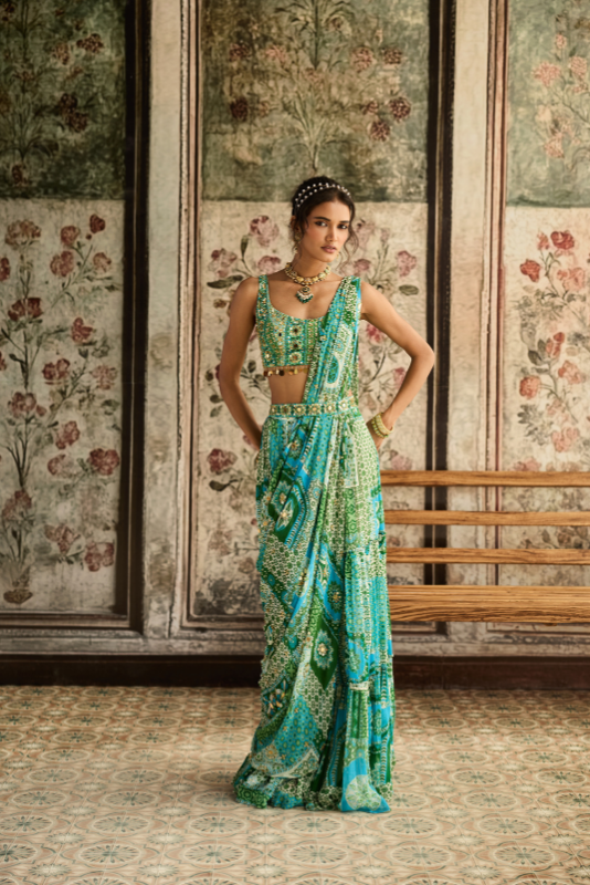 AQUA PRINT AND HIGHLIGHTED TIERED SAREE SET