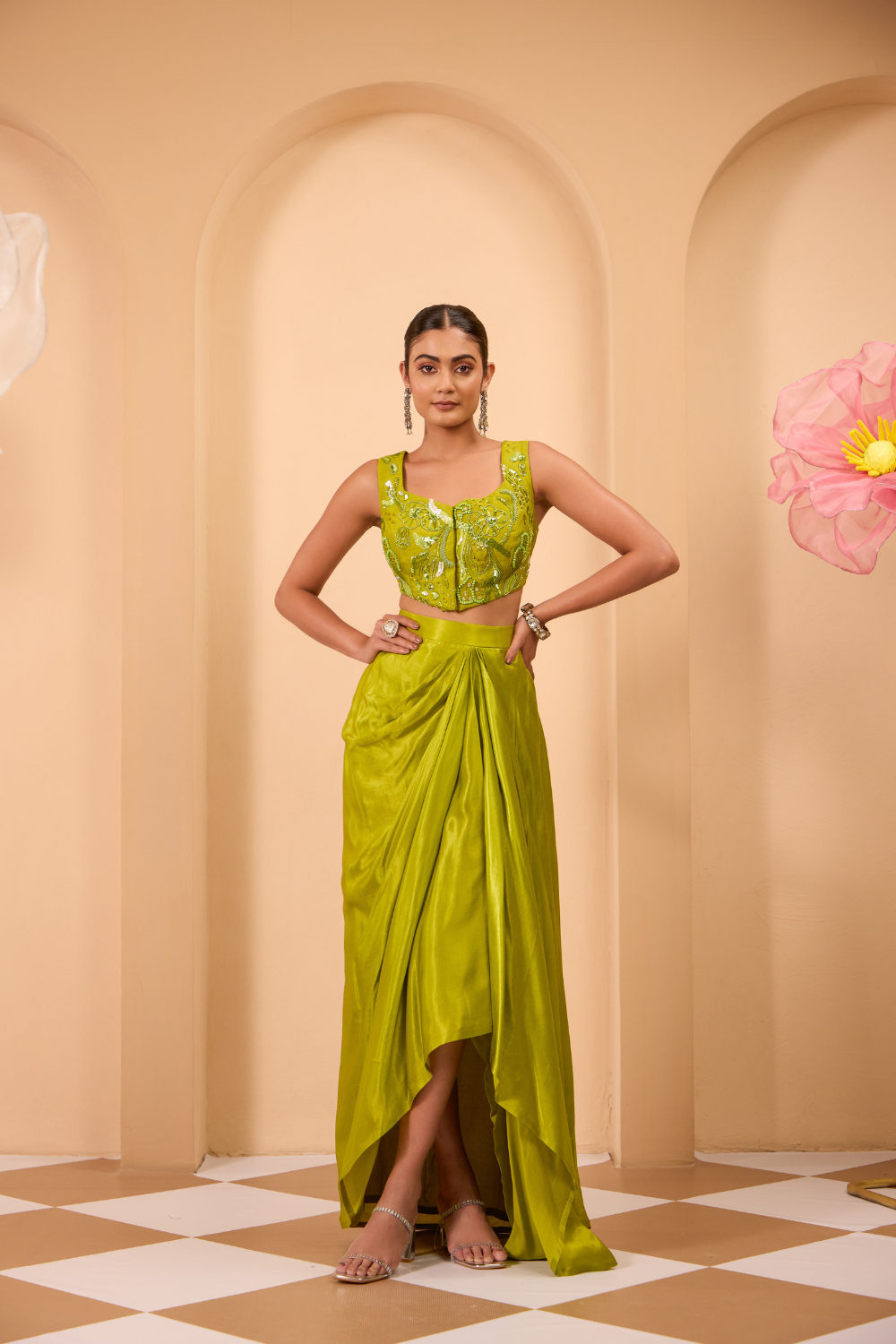 Green Hand Adored Blouse with Drape Skirt