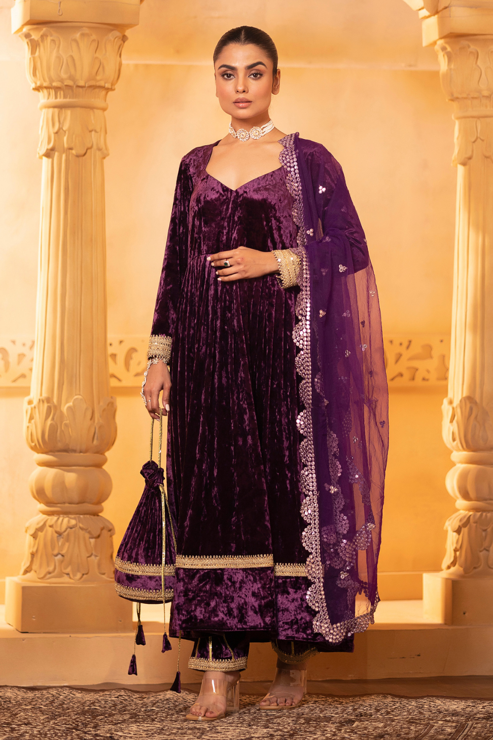 Plum Velvet Anarkali Set
