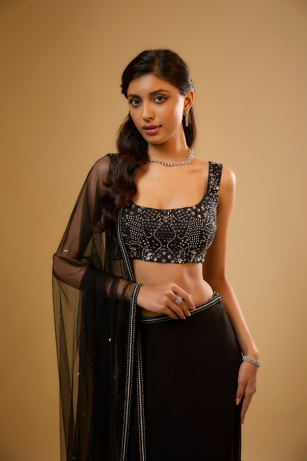Black georgette fish cut lehenga set embroidered with sequins, glass beads & threadwork