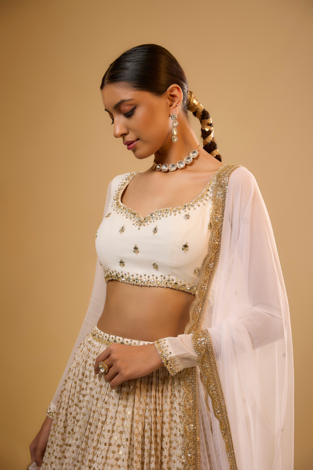 Vanilla white georgette lehenga set embroidered with mirrors and gold sequins