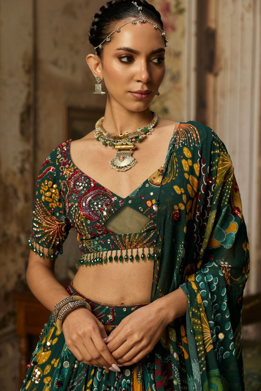 DARK GREEN PRINTED AND HIGHLIGHTED LEHENGA SET