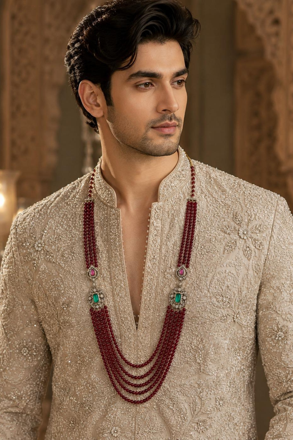 Multi-Layered Ruby Red Beaded Kundan Groom Mala