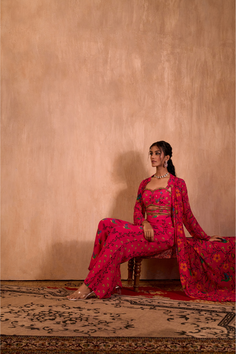 PINK PRINT EMBROIDERED CHOLI, PANTS AND JACKET SET