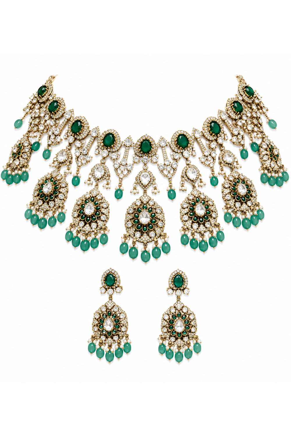 Luxurious Moissanite bridal choker necklace set featuring sparkling stones, emerald green accents, intricate floral motifs, and matching statement earrings for a regal wedding look.