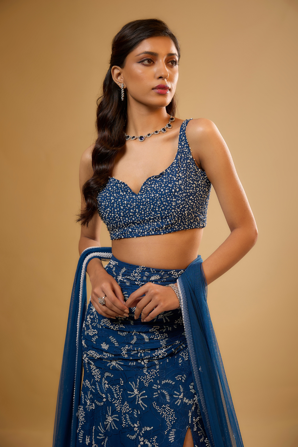 Egyptian blue georgette lehenga set embroidered with sequins, glass beads & threadwork