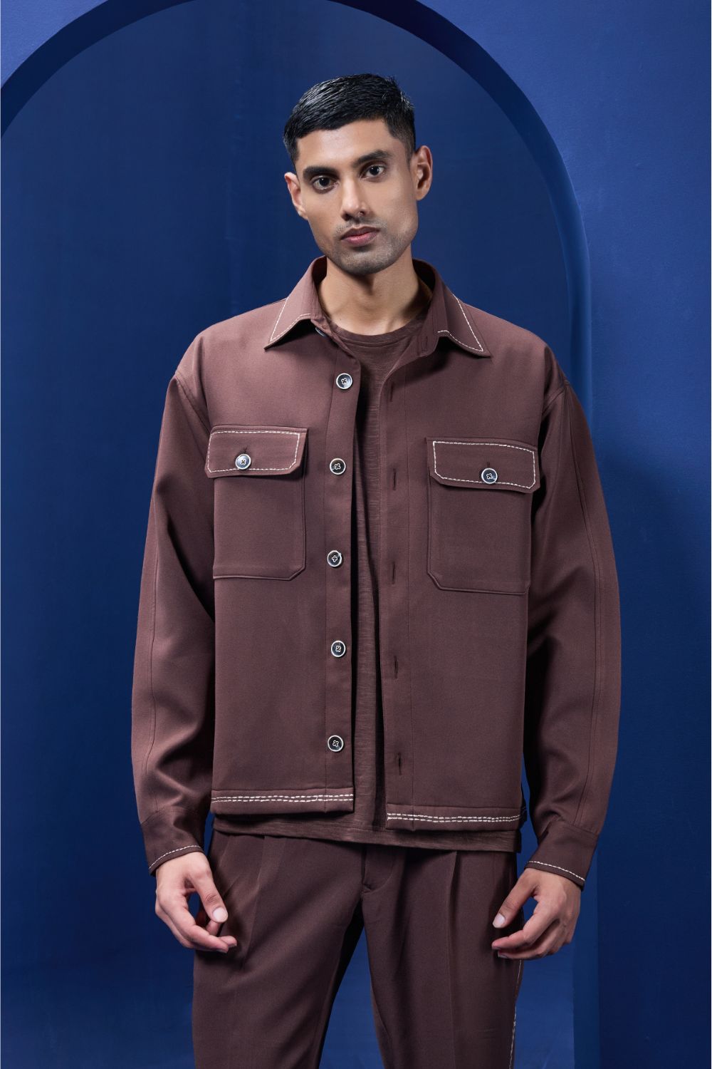 Brown cord set detailing with brown button and horse embroidery