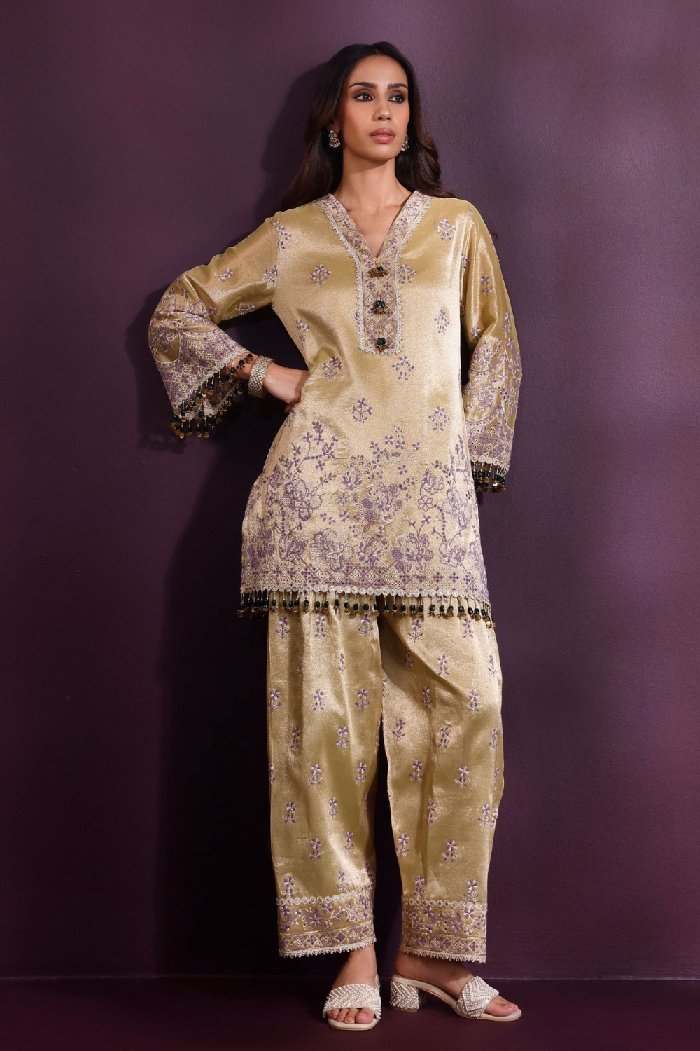 Lovi Tissue Pista Green Kurta With Farshi Salwar