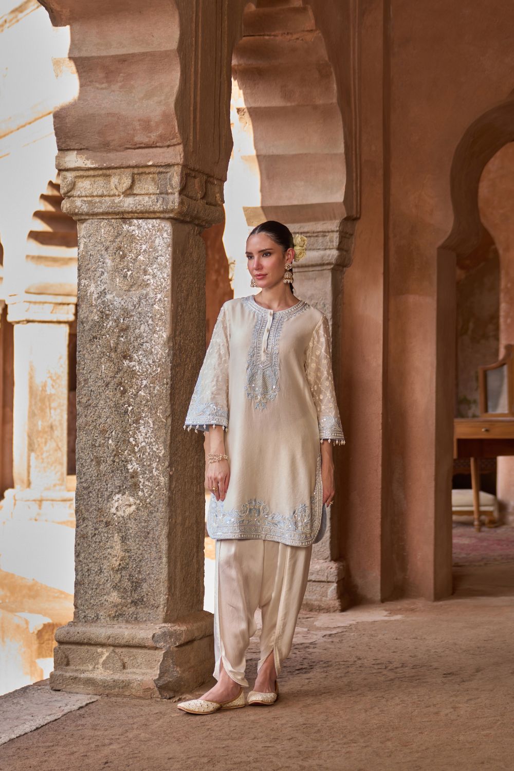 RUHI - DAISY IVORY WITH BLUE SHORT KURTA AND DHOTI
