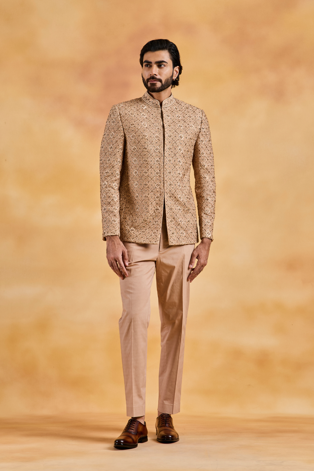 Fawn Raw Silk Jodhpuri Suit Set