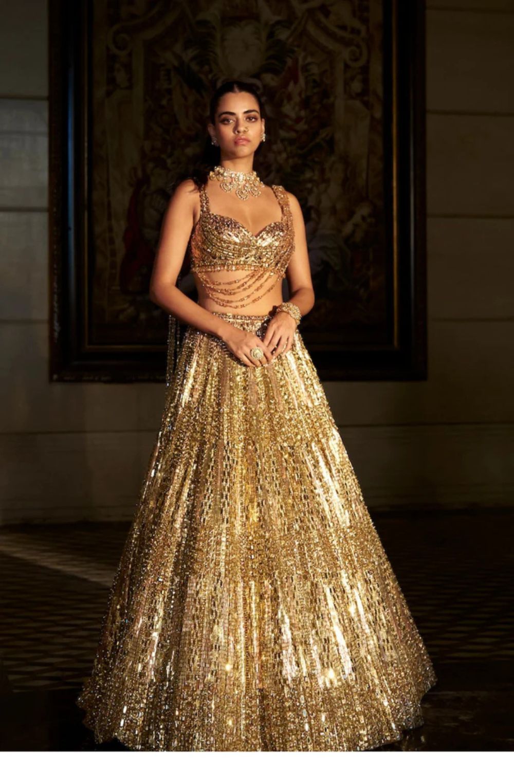Gold Crystal Lehenga Set