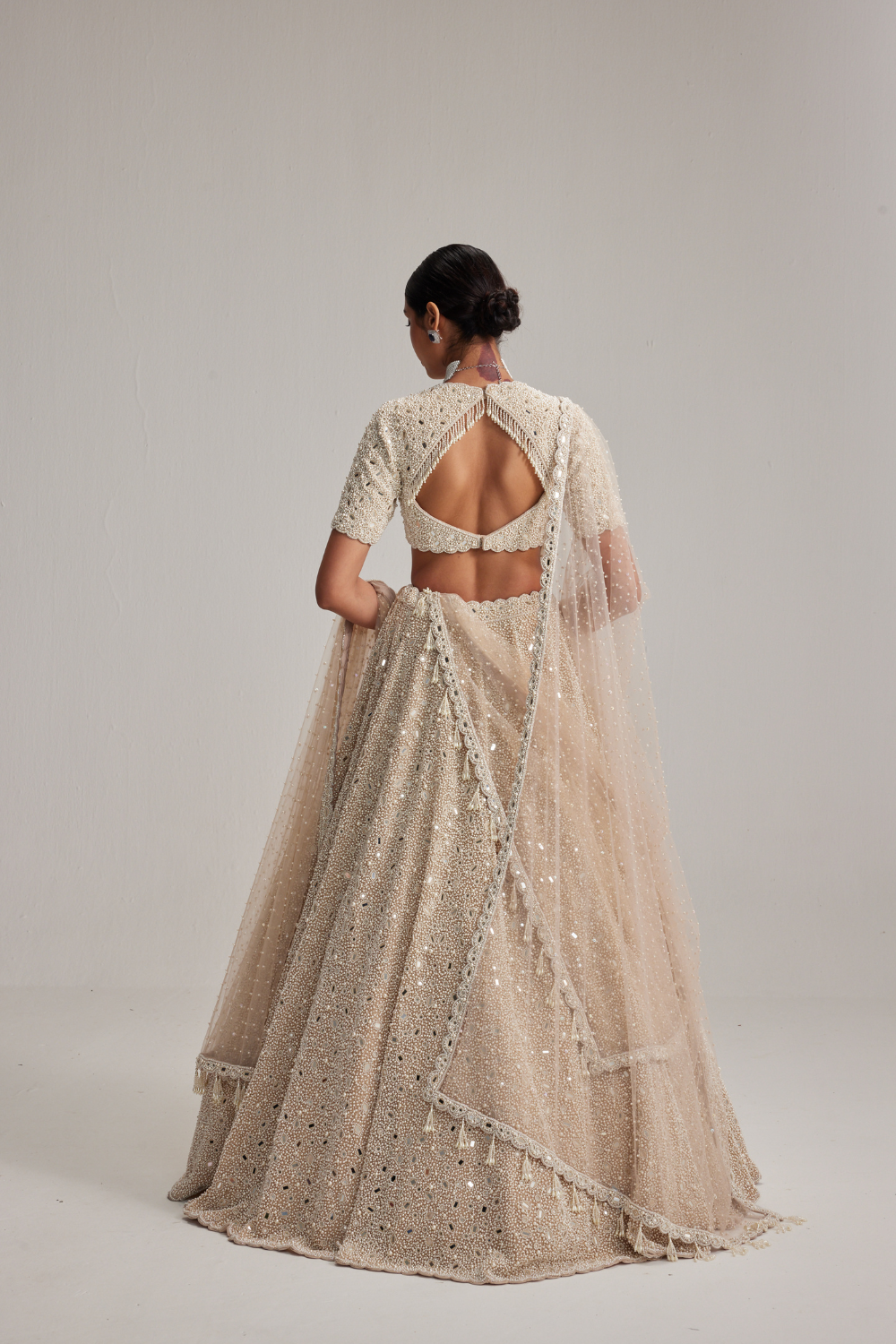 Light Beige Dense Pearl & Mirror Lehenga with High-Neck Blouse and Double Dupatta