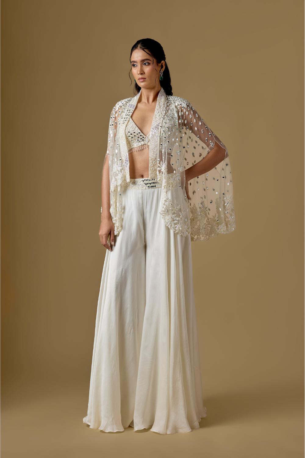 Seanna- Ivory Sharara Short Cape Set with Zentangle Blouse