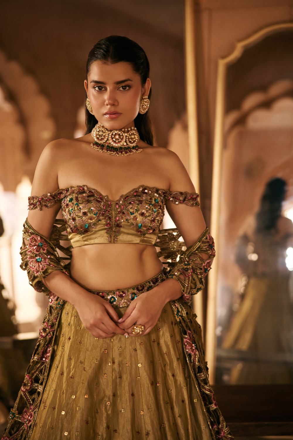 Gold, Sequins, Cutwork, Tissue, Lehenga Set