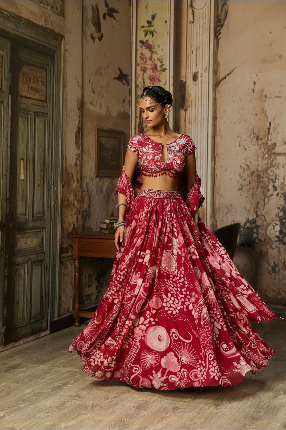 SCARLET RED PRINTED AND HIGHLIGHTED LEHENGA SET
