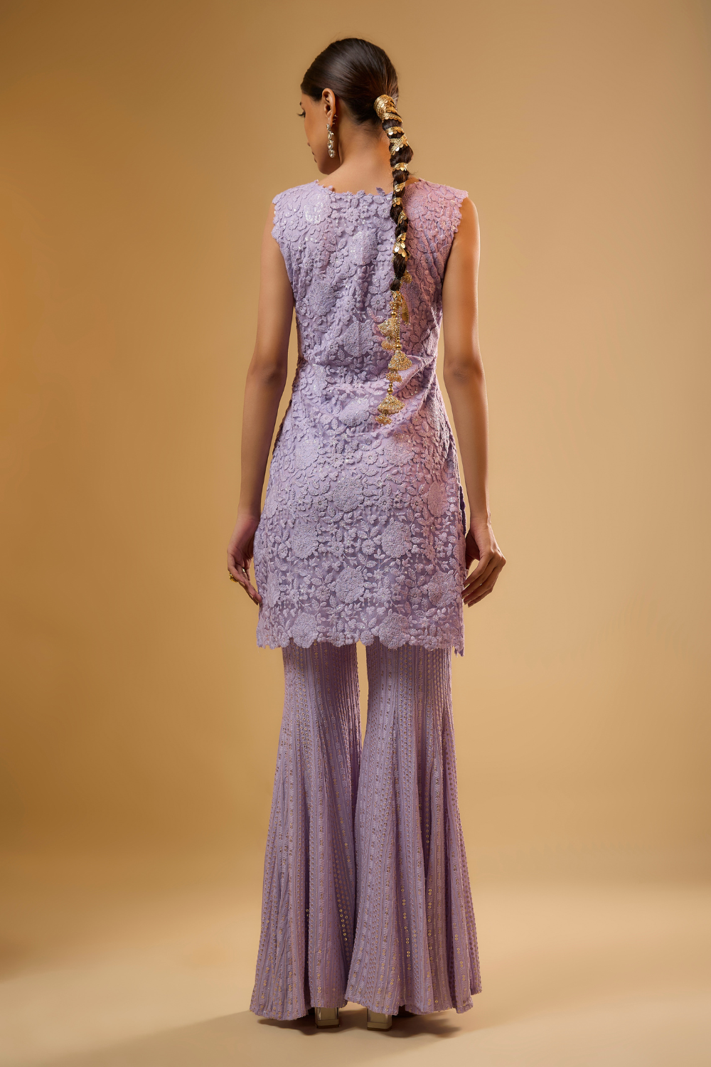 Lavender net kurta sharara set embroidered with sequin and threadwork