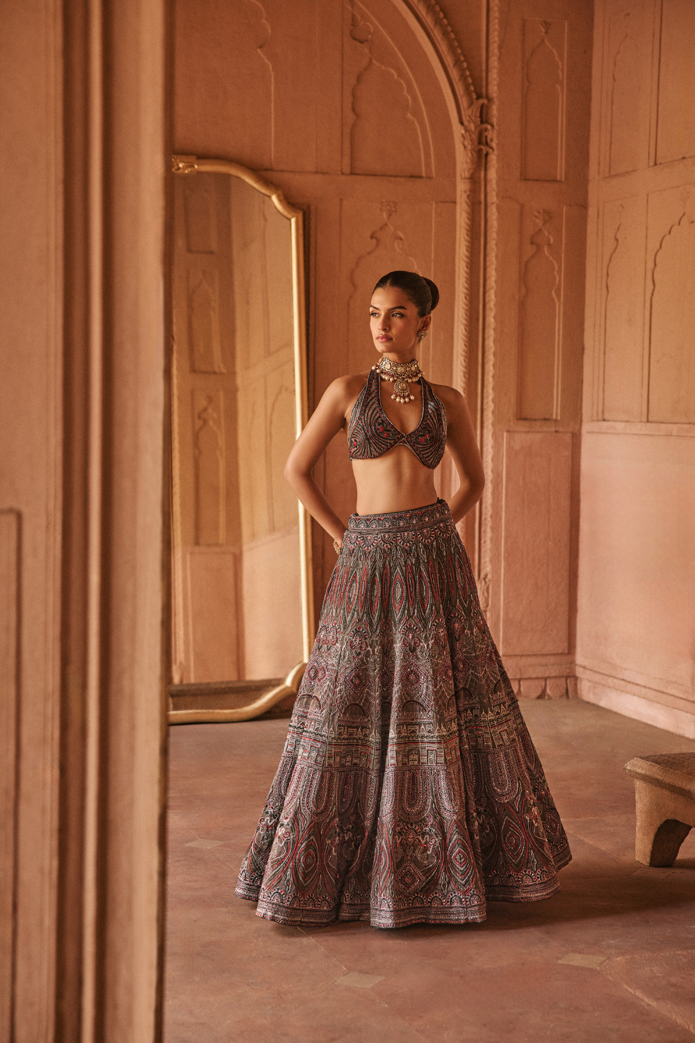 Black, dori, tissue, lehanga, halter blouse