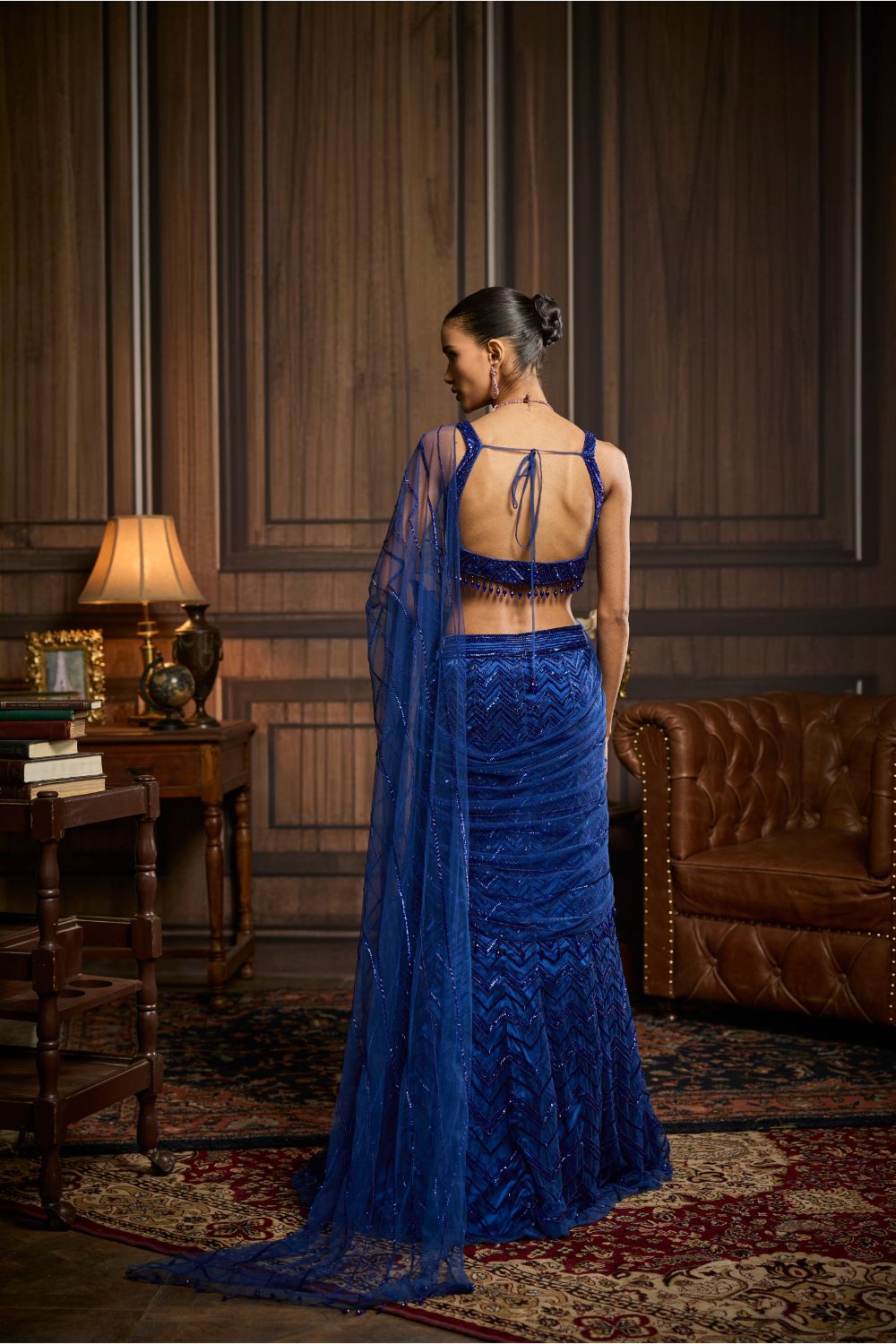 ELECTRIC BLUE EMBELLISHED PRE-DRAPED SKIRT SAREE SET