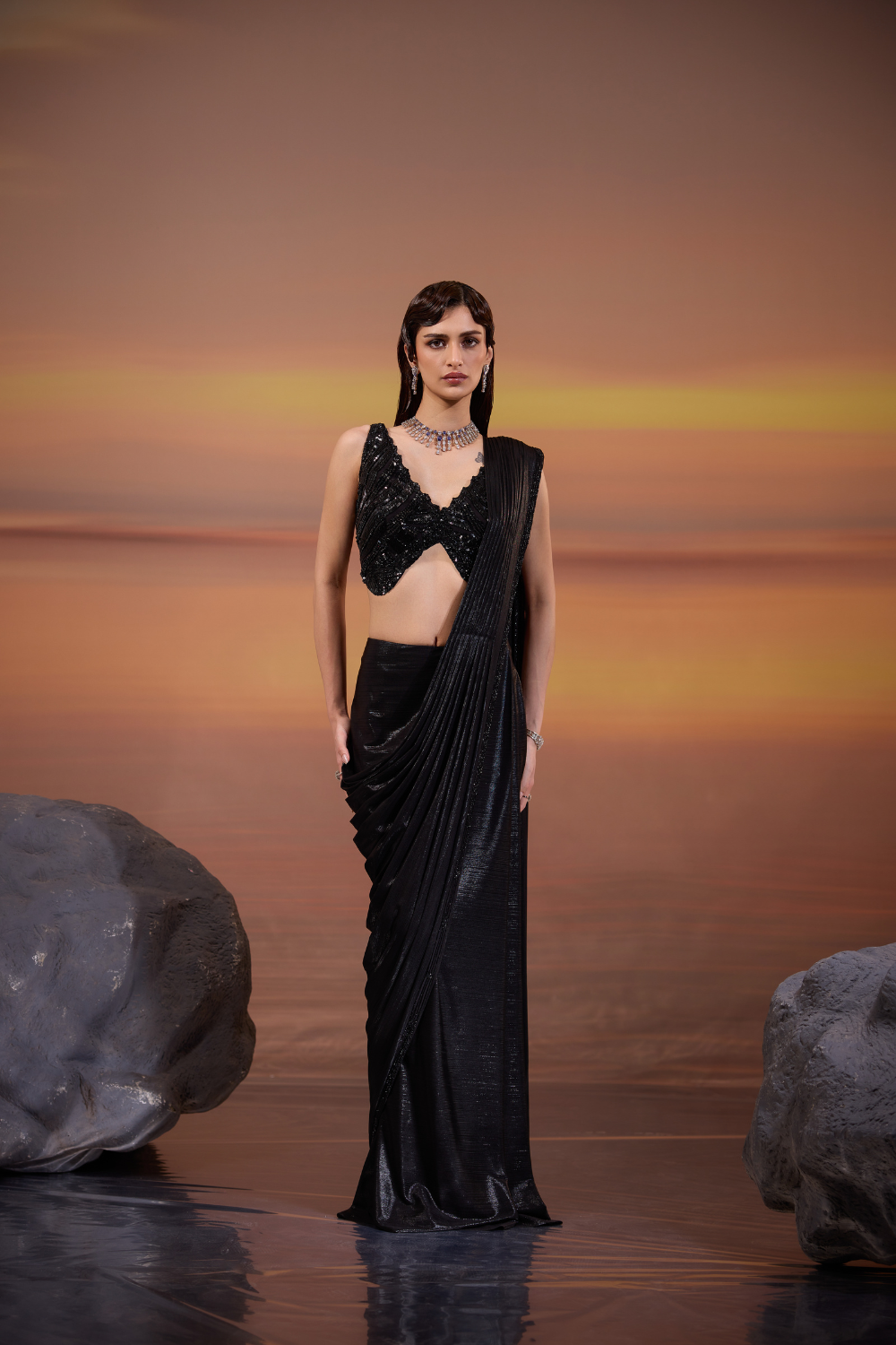 Black Drape Saree with Embellished Blouse