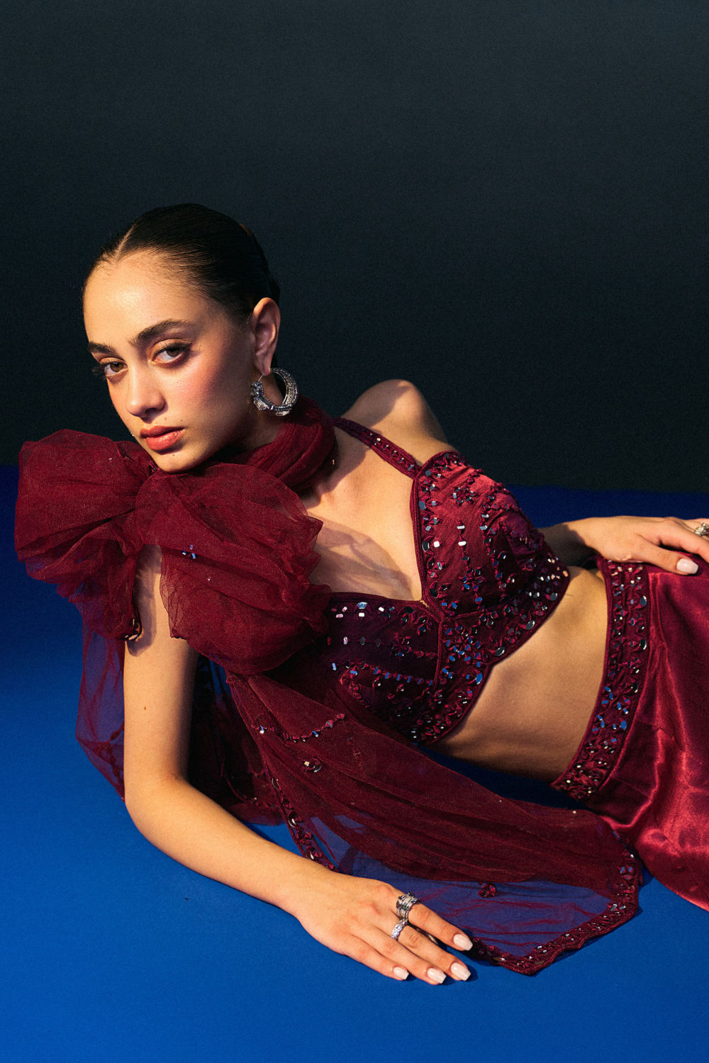 Crimson Satin Silk Skirt Set